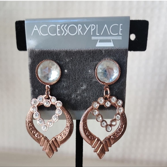 💰Accessory Place Bronze Tone with Clear Rhinestones Drop Earrings - Picture 1 of 7